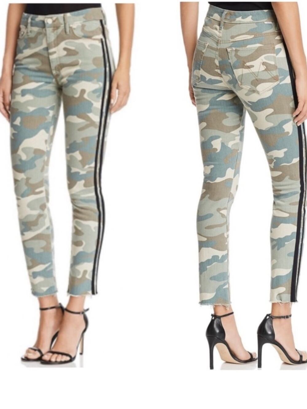 Mother High Waisted Looker Ankle Fray Camo Jeans See Me Run size 28 Side Stripe